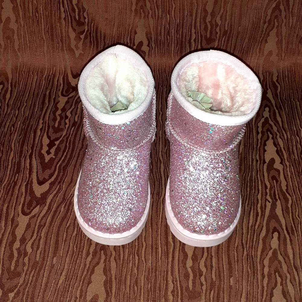 NEW FASHION Toddler Girl's Shiny PINK GLITTER  Faux Fur Boots Size 25  3-5yrs